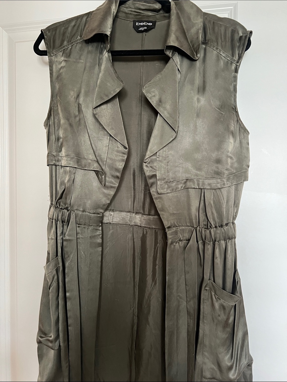 bebe Satin-Look Sleeveless Trench Vest in Olive Green